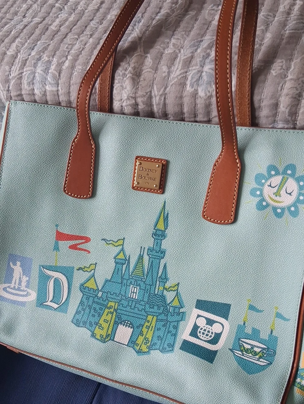 Disney Parks Dooney & Bourke Mint Castle Print Tote with Brown Leather Trim